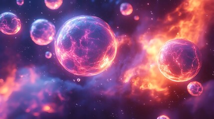 A surreal composition of glowing molecules orbiting around a central energy source