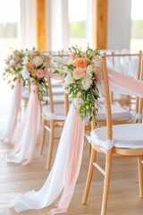 A close up of wedding chairs draped in white satin fabric with delicate pastel ribbons, floral arrangements attached, soft sunlight filtering through