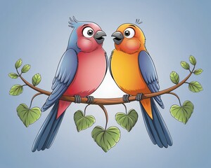 Cartoon-Style Lovebirds on a Branch with Heart-Shaped Leaves