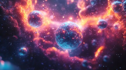 A scientific concept artwork showcasing atomic structures in a colorful floating state