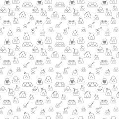 Background of black and white teeth icons representing different dental diseases and treatments. Icons represent healthy teeth, tooth decay, tooth decay, braces, extractions, fillings, implants, gum d