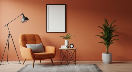 A contemporary living room featuring a bold orange armchair with a gray cushion a black framed blank picture frame