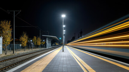 Night Train Station Platform at Night