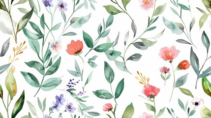 Seamless pattern of watercolor leaves and wildflowers