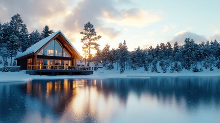 Fototapeta premium Serene winter lodge retreat by a frozen lake captivating evening light scenic nature peaceful atmosphere tranquil viewpoint winter wonderland