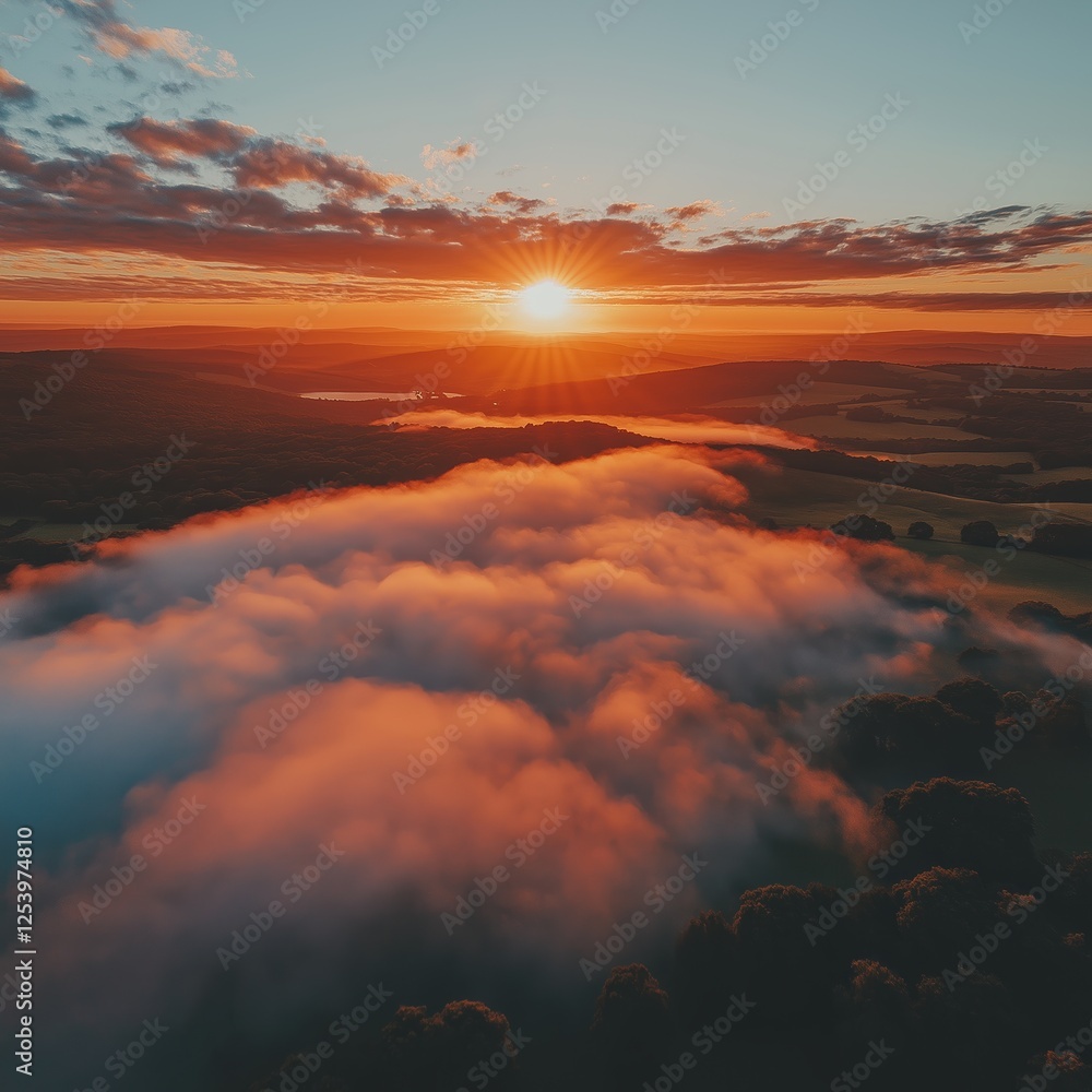 Wall mural aerial view of ozarks with fog created with generative ai technology, ai, generative