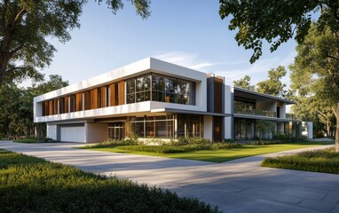 Modern office building exterior, sunny day, park-like setting, architectural design