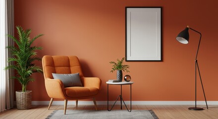Fototapeta premium A contemporary living room featuring a bold orange armchair with a gray cushion a black framed blank picture frame