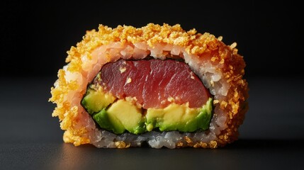 Extreme close-up of a sushi roll cut in half, revealing layers of fresh avocado, tuna, and crispy tempura flakes.