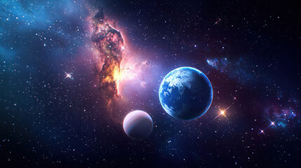Obraz premium Colorful Deep Space Nebula With Planets