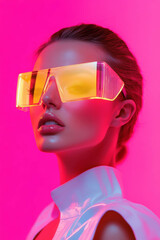 Fashion photography, a portrait of a beautiful woman wearing futuristic neon glasses, set against a pink background