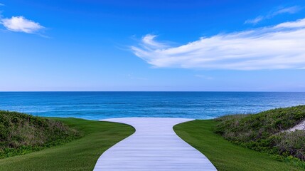 Ocean view boardwalk path, coastal green grass