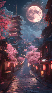 A Japanese street at night, with a full moon
