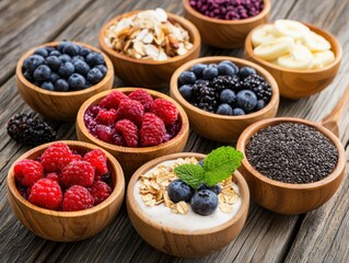 Beautifully arranged healthy acai bowl toppings on rustic table side view food photography natural light wellness concept