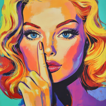 A pop art illustration of a beautiful woman with blonde hair and blue eyes, shushing with her index finger to her lips, in vibrant colors and a 1950s style