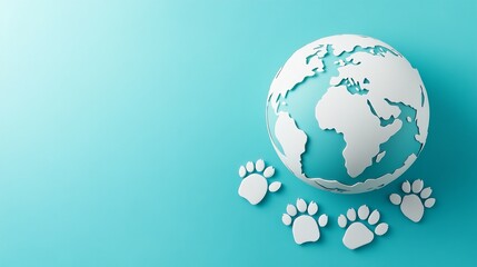 3D white paper cut Earth globe with dog and cat paws on a blue background, minimalist top view with copy space for text