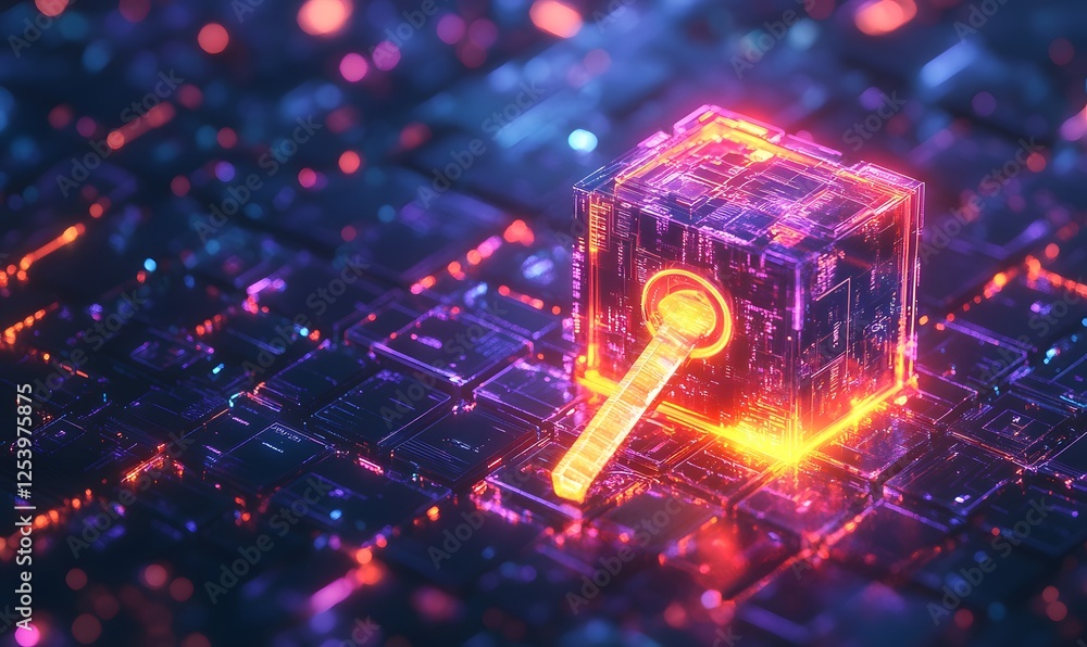 Poster abstract 3d rendering of a glowing cube with a key on a circuit board