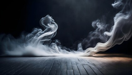 Swirling Smoke Abstract in Light and Dark | Fluid Fog Dance on Black Background, banner with copy space