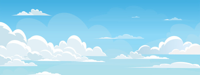 Sky Blue,Cloud Background,Horizon Summer Clear Sky over beach,Vector landscape nature sunrise sky in Morning,Spring panorama banner white clouds on blue background,Cartoon flat design for wallpaper