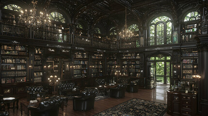 Fototapeta premium Grand library interior, ornate bookshelves, reading area, sunlight through windows, garden view