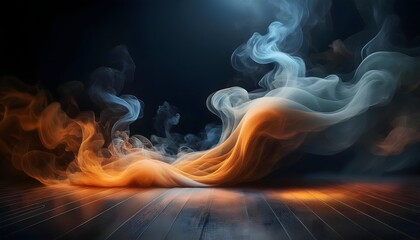 Swirling Smoke Abstract in Light and Dark | Fluid Fog Dance on Black Background, banner with copy space
