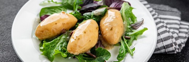 Quenelle meat forest sauce fresh tasty food dish delicious gourmet food background on the table rustic food top view copy space keto and paleo diet