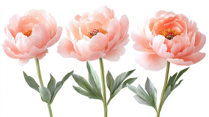 Fototapeta premium Watercolor set of blush peonies flowers isolated on white background.