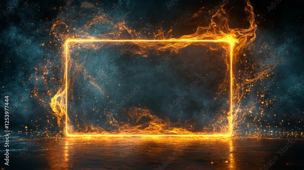 Poster glowing rectangular frame emitting sparks on a textured surface