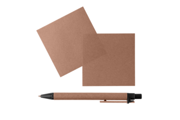 Blank brown craft sheets of note paper and pen isolated on white background. Mocha Mousse trendy color of  2025 year