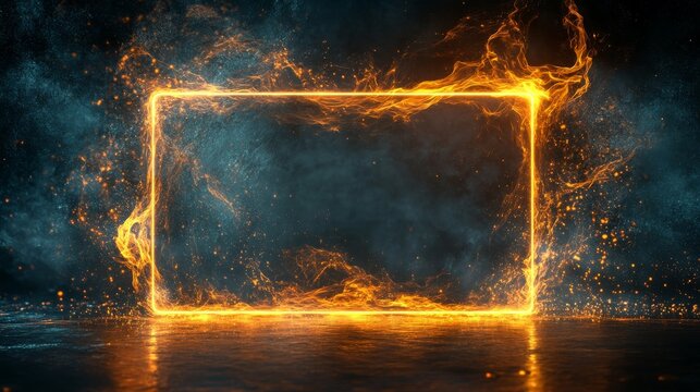 Glowing rectangular frame emitting sparks on a textured surface