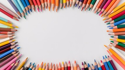 Fototapeta premium Colorful pencils forming oval frame on white background. Flat lay composition with copy space. Art and back to school concept for creative design and presentation