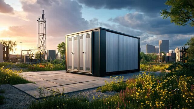 Innovative energy storage solution in urban setting with vibrant natural surroundings