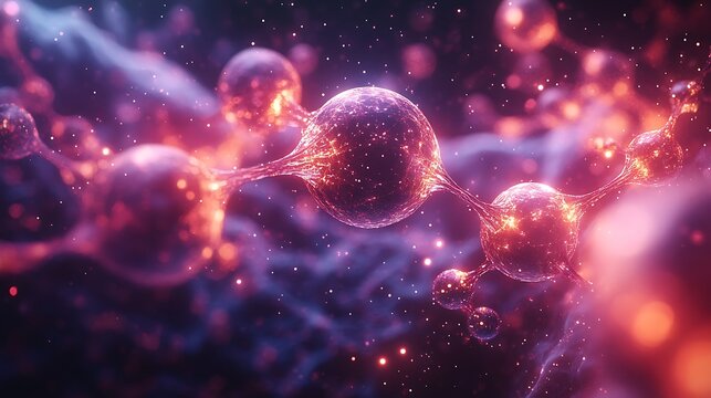 A cosmic perspective of glowing molecular structures floating in a digital universe