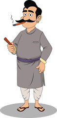 A village rich man smoking front three quarter pose cartoon character design
