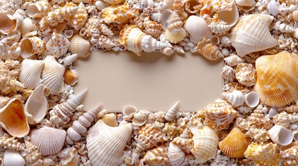 Obraz premium Blank paper card surrounded by various natural seashells in a flat lay arrangement under bright light.