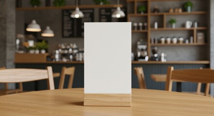 A blank white table sign on a wooden stand in a cozy cafe setting