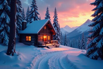 Fototapeta premium Rustic cabin nestled amongst snow-laden evergreens, twilight glow , winter scene, idyllic, outdoors