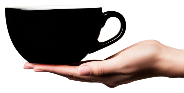 Hand holding black coffee cup on white