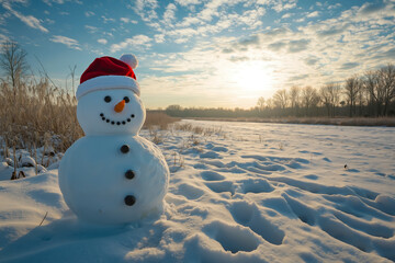 Obraz premium A snowman wearing a santa hat standing in the snow
