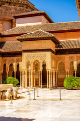 Timeless Beauty of Alhambras Court of the Lions Showcasing Ornate Nasrid Stucco, and Marble Columns in Andalusia’s Iconic Moorish Masterpiece