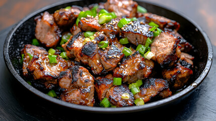 Sizzling grilled beef cubes, Asian cuisine, dark wood background, food photography