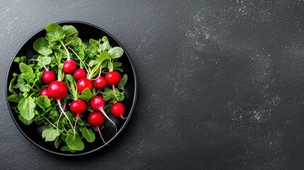 Crispy radishes displayed on a dark slate plate captured in soft overhead lighting top-down angle realistic food photography