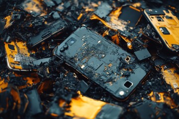 Scattered, broken smartphones highlight technological waste, reflecting on the rapid cycle of innovation and disposal.