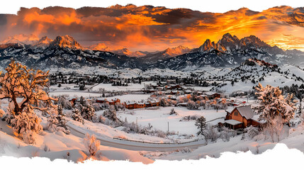 Snowy mountain village sunrise panorama; winter landscape postcard