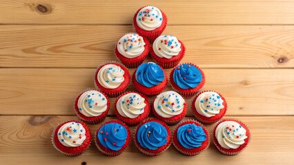 Fototapeta premium A beautiful arrangement of red white and blue cupcakes on a wooden table