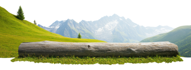 Mountain landscape with a log on grassy field
