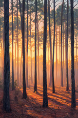 Majestic Loblolly Pines at Sunrise: A Symphony of Light and Nature in a Serene Forest
