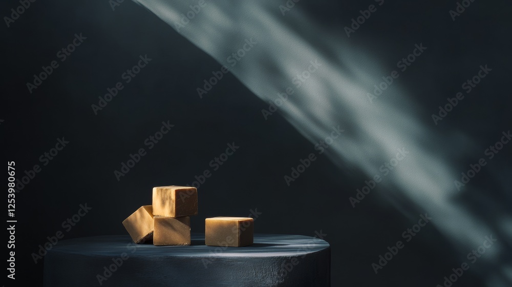 Poster minimalist display of blocks and light rays in dark setting