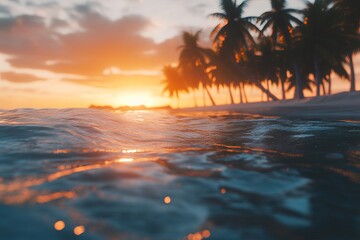Stunning Tropical Sunset Beach Scene Ocean Waves Palm Trees Golden Hour Tranquil Peaceful Serene Summer Vacation Paradise Idyllic Coastal Landscape   