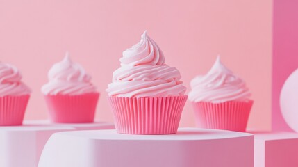 Pink frosted cupcakes on a pastel-colored table